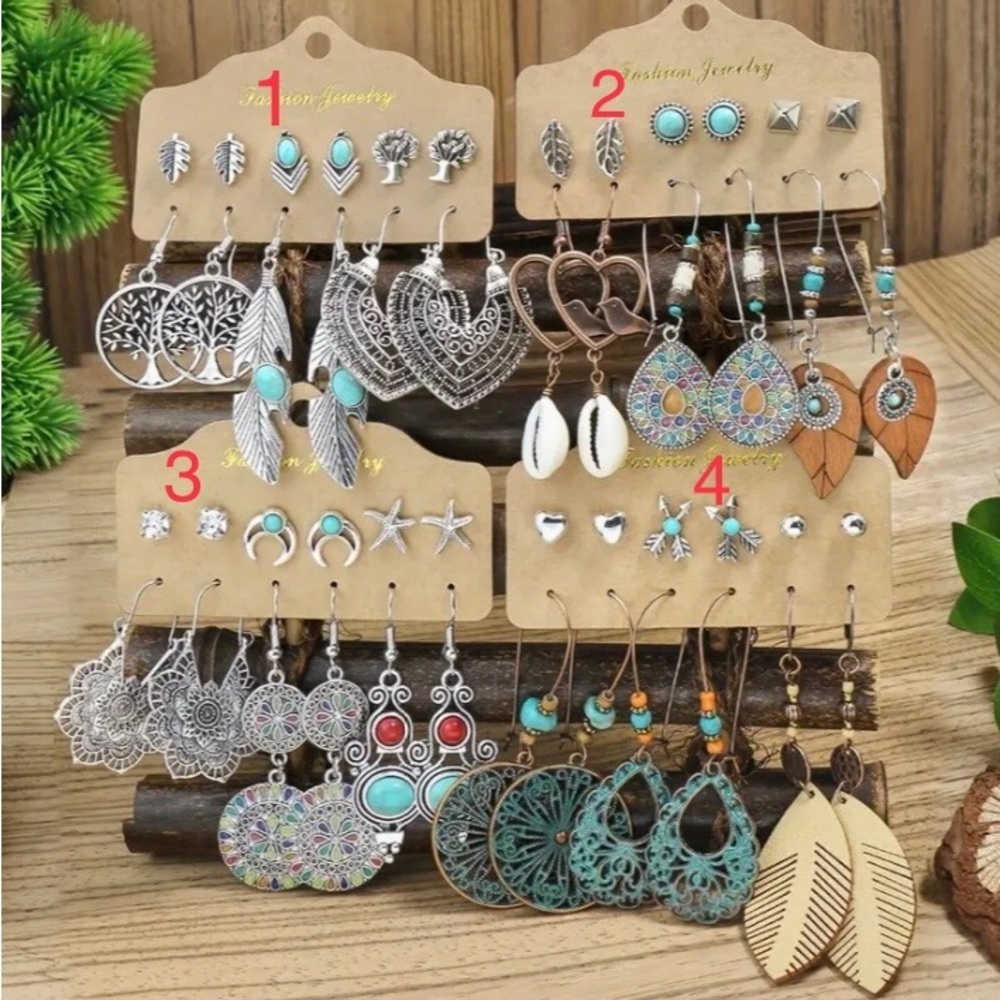 NWOT 6-Pairs Fashion Boho Bronze Silver Beaded Metal Dangle & Stud Earring Set
